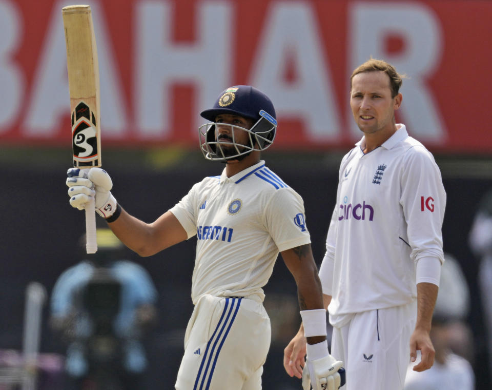 India's Dhruv Jurel celebrates his fifty runs on the third day of the fourth cricket test match between England and India in Ranchi, India, Sunday, Feb. 25, 2024. (AP Photo/Ajit Solanki)