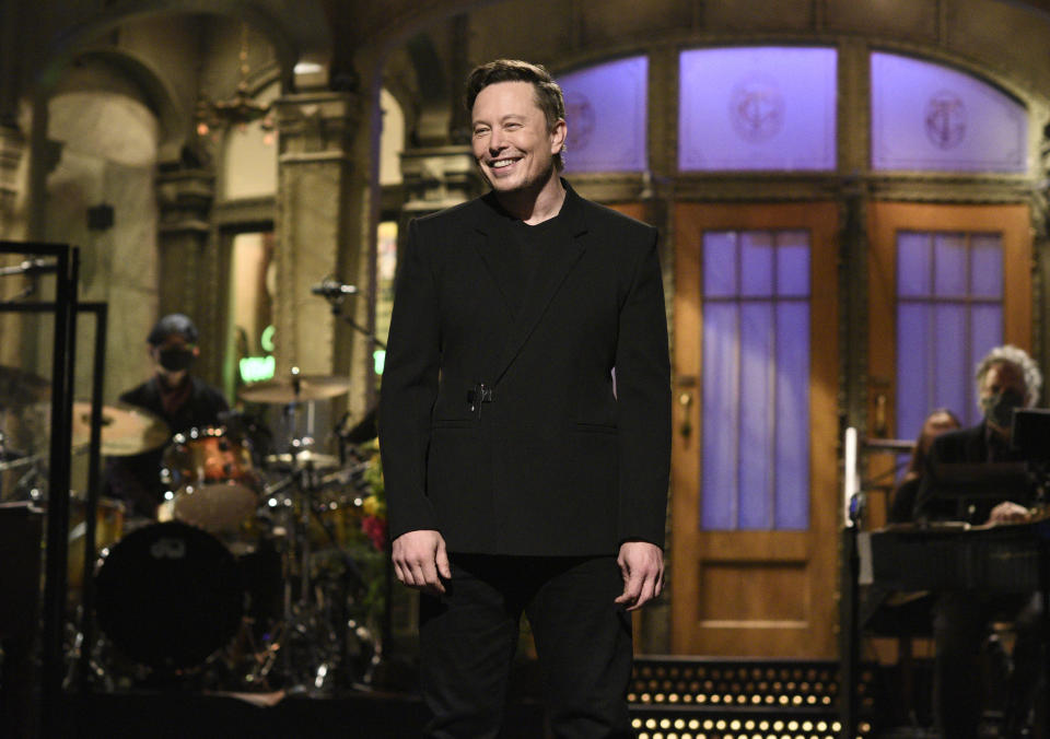 This image released by NBC shows host Elon Musk delivering his opening monologue on "Saturday Night Live" in New York on May 8, 2021. (Will Heath/NBC via AP)