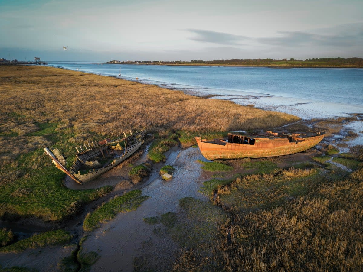 Shipwrecked boats sit in a mudbank in the Wyre Estuary (Christopher Furlong/Getty Images)