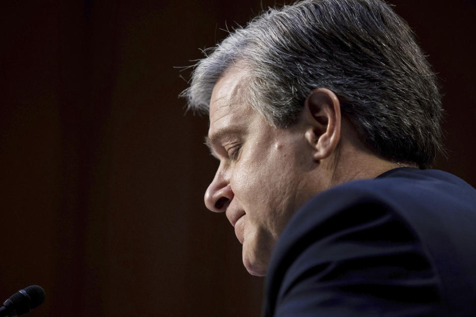 FBI Director Christopher Wray testifies before the Senate Judiciary Committee on Capitol Hill in Washington, Tuesday, March 2, 2021. (Graeme Jennings/Pool via AP)