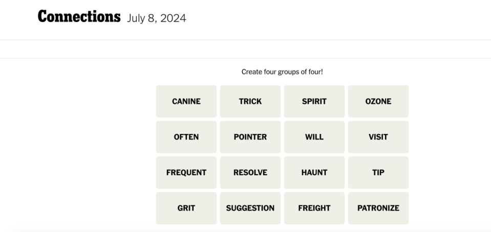 <em>Today's NYT Connections puzzle for Monday, July 8,</em><em> 2024</em><p>New York Times</p>