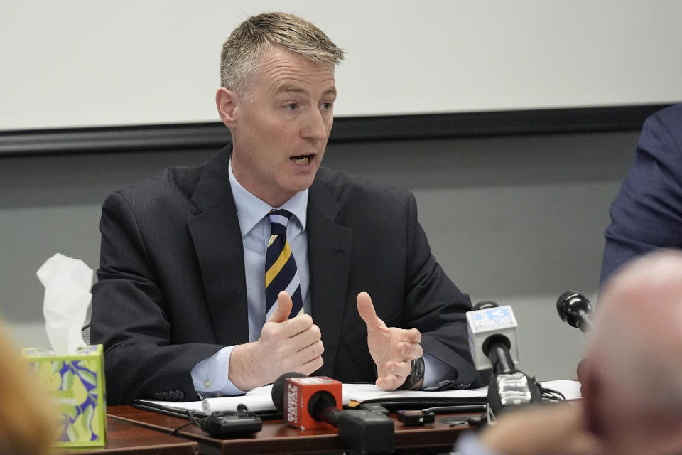 Major Lucas Hare of the Maine State Police testifies, Thursday, Feb. 15, 2024, in Augusta, Maine, during a hearing of the independent commission investigating the law enforcement response to the mass shooting in Lewiston, Maine. (AP Photo/Robert F. Bukaty)