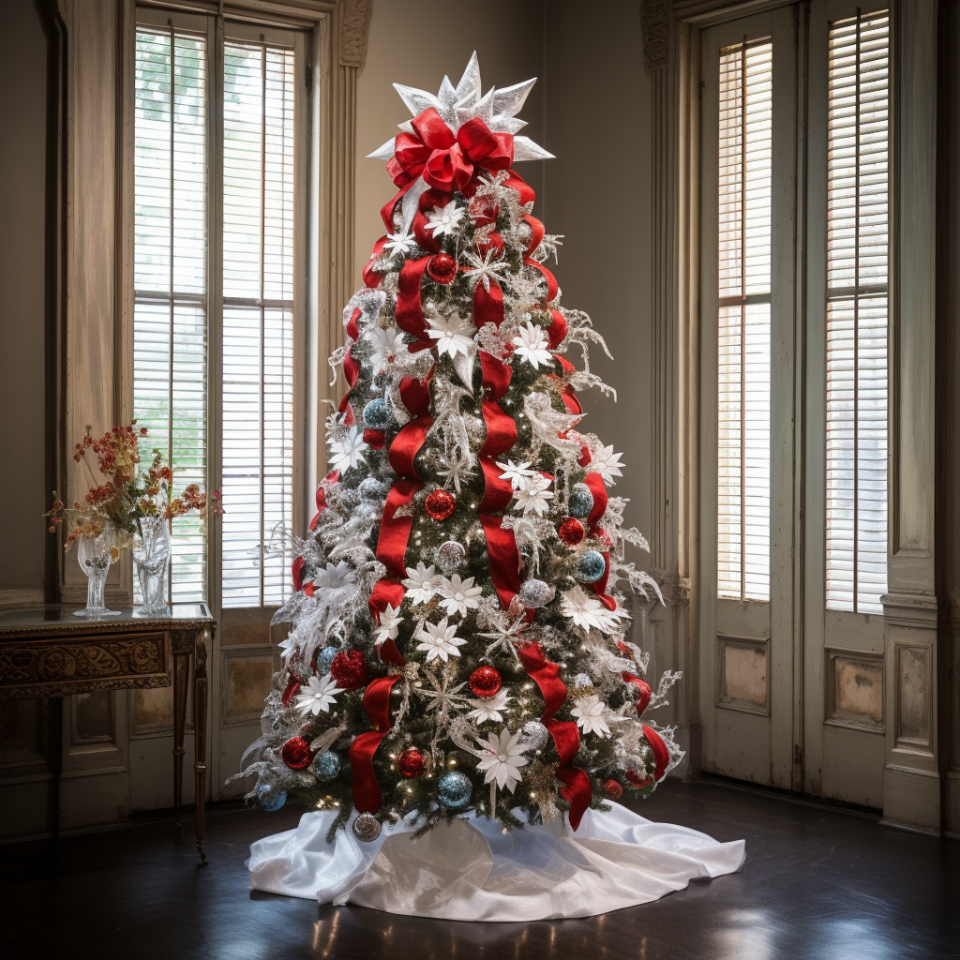 A Christmas tree covered in bulb ornaments, flower-shaped ornaments, and lots of ribbon hanging down with a ribbon and star topper