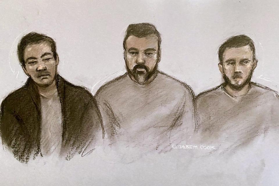 Sketch of, from left, Chung Biu Yuen, Chi Leung Wai, and Matthew Trickett appearing at Westminster Magistrates’ Court (Elizabeth Cook/PA) (PA Wire)