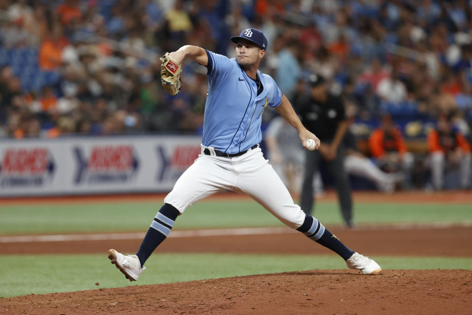 Tampa Bay Rays starting pitcher Shane McClanahan throws to a Baltimore Orioles batter during the sixth inning of a baseball game Saturday, Aug. 13, 2022, in St. Petersburg, Fla. (AP Photo/Scott Audette)