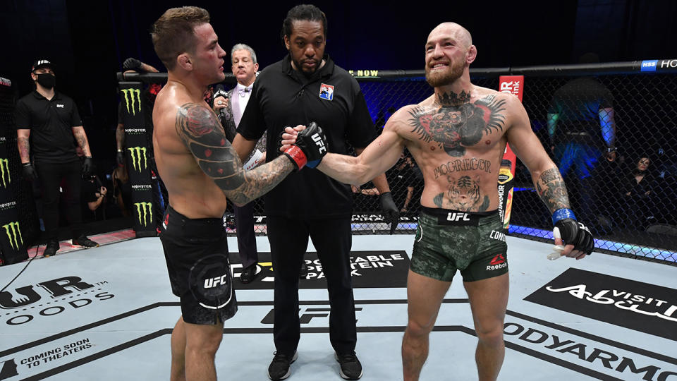 Dustin Poirier and Conor McGregor shared a friendly exchange after their UFC 247 bout. (Photo by Jeff Bottari/Zuffa LLC)