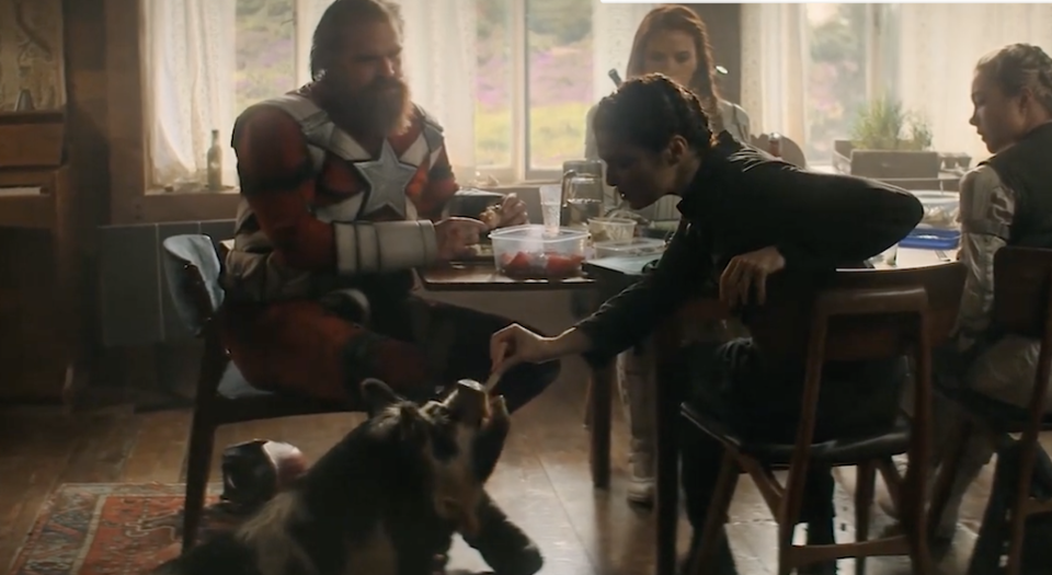 Melina feeding the pig while the rest of the family watches