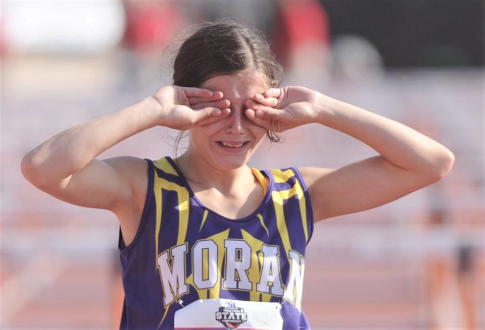 Moran sophomore Alli Scott reacts after finishing seventh in the 1A girls' 100 hurdles at the 2021 state meet in Austin. She came back to win the event the next year.