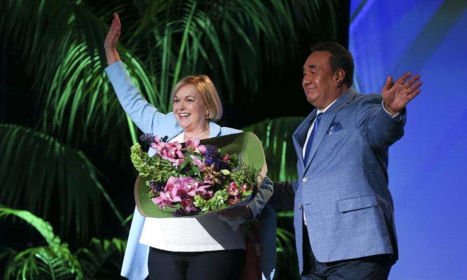 Judith Collins and husband David Wong-Tung wave to supporters during the Virtual National Party 2020 Campaign Launch at Avalon Studios on 20 September