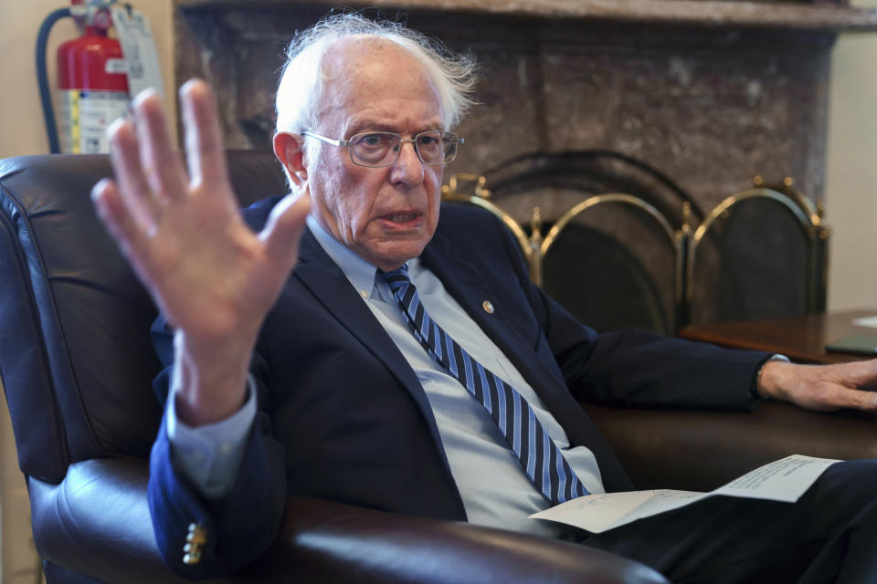 Senate Budget Committee Chairman Bernie Sanders, I-Vt., takes questions from reporters about the politics surrounding the debt limit vote this week, and about the way forward on on President Joe Biden's domestic agenda, at the Capitol in Washington, Friday, Oct. 8, 2021. (AP Photo/J. Scott Applewhite)