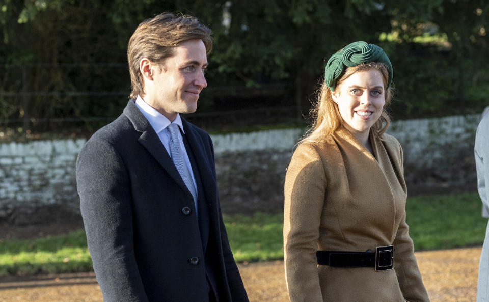 Princess Beatrice and Edoardo Mapelli Mozziconi attend the Christmas Day Church service at Church of St Mary Magdalene on the Sandringham estate on December 25, 2019 in King's Lynn, United Kingdom.