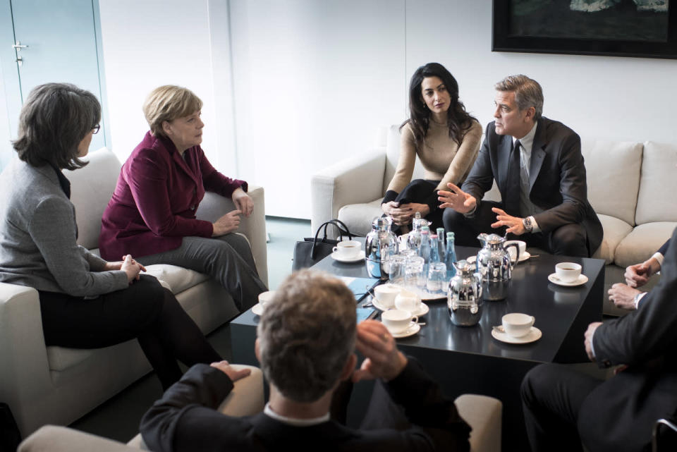 Chancellor Angela Merkel meets with George Clooney and Amal Clooney at the Federal Chancellery in Berlin, Germany. 