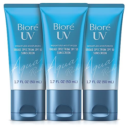 Biore UV Aqua Rich SPF 50 Moisturizing Sunscreen for Face, Oxybenzone & Octinoxate Free, Dermatologist Tested, Vegan, Cruelty Free, For Sensitive Skin, 1.7 Oz, Pack of 3