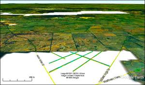 Shows the survey data with aqua coloured gaps highlighting anomalies, with the white area at the top of the figure being the Fosterville mine in the background.