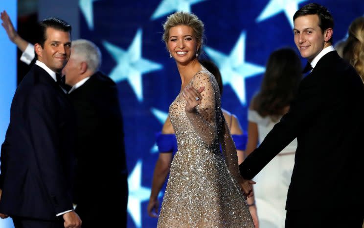 Ivanka Trump and her husband, Jared Kushner, right, leave an inaugural ball with her brother Donald Trump Jr. in January. (Photo: Lucy Nicholson/Reuters)