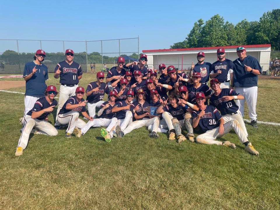 The Eastern Regional High School baseball team celebrates after defeating Rancocas Valley 2-0 to win the South Jersey Group 4 championship on Friday, June 2, 2023.