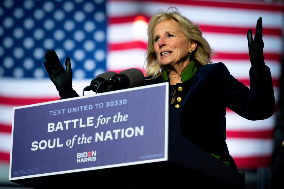 Jill Biden speaks during a Drive-In Rally at Heinz Field in Pittsburg, Pa., on Nov. 2, 2020.