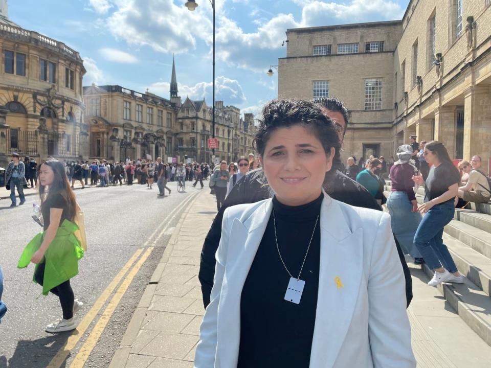 Israeli MP Sharren Haskel speaking to The Independent after appearing outside the demonstration (The Independent)