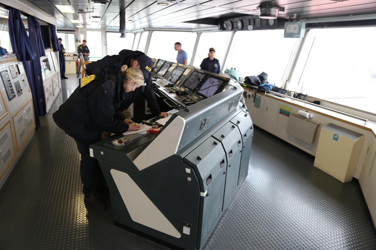 NTSB investigators on the bridge of the cargo vessel Dali, which struck and collapsed the Francis Scott Key Bridge on March 26, 2024.