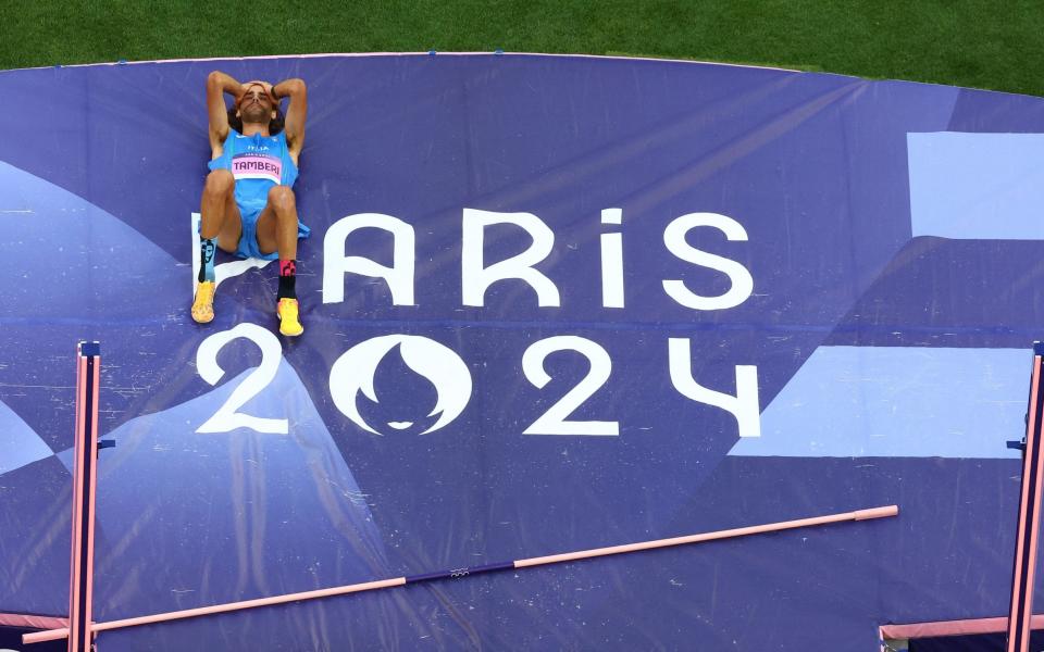 Gianmarco Tamberi of Italy reacts after his jump.