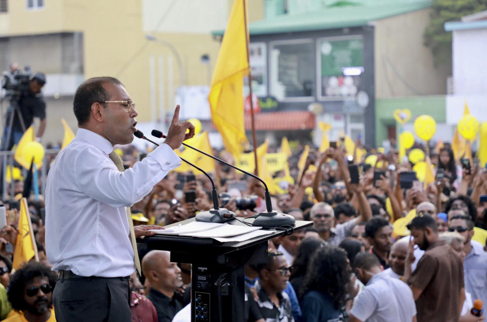 Maldives’ former president Mohamed Nasheed, addresses the public in Male, Maldives, Thursday, Nov.1, 2018. Nasheed, the first democratically elected president of the Maldives returned home Thursday after more than two years in exile to escape a long prison term. (AP Photo/Mohamed Sharuhaan)
