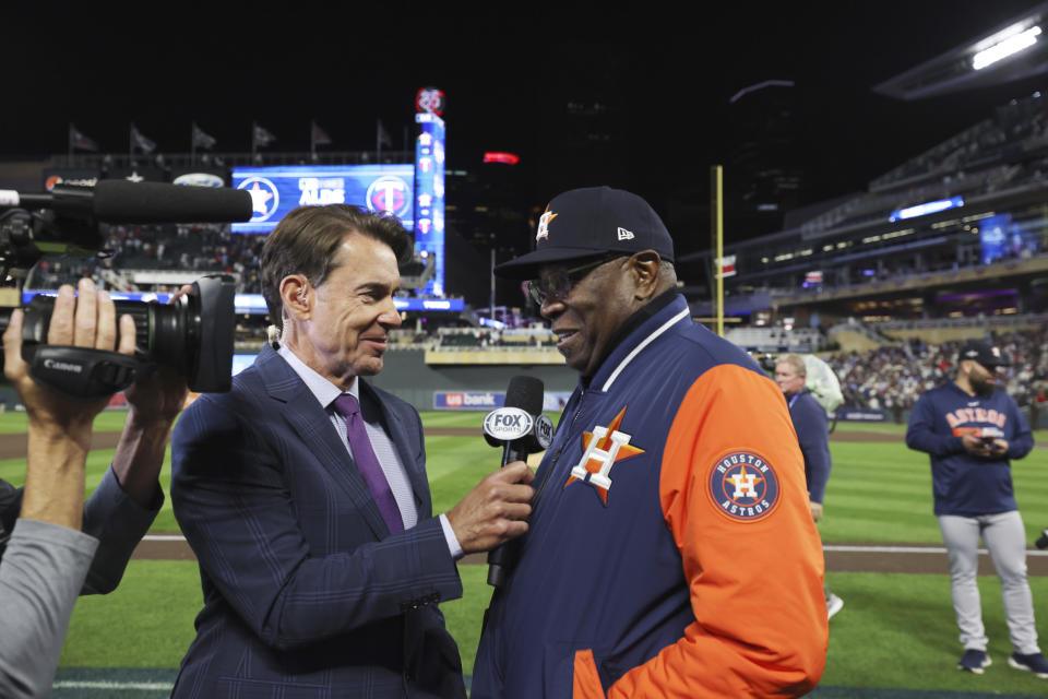 Houston Astros manager Dusty Baker Jr. is interviewed after the team defeated the Minnesota Twins in Game 4 to win a baseball AL Division Series, Wednesday, Oct. 11, 2023, in Minneapolis. (AP Photo/Stacy Bengs)