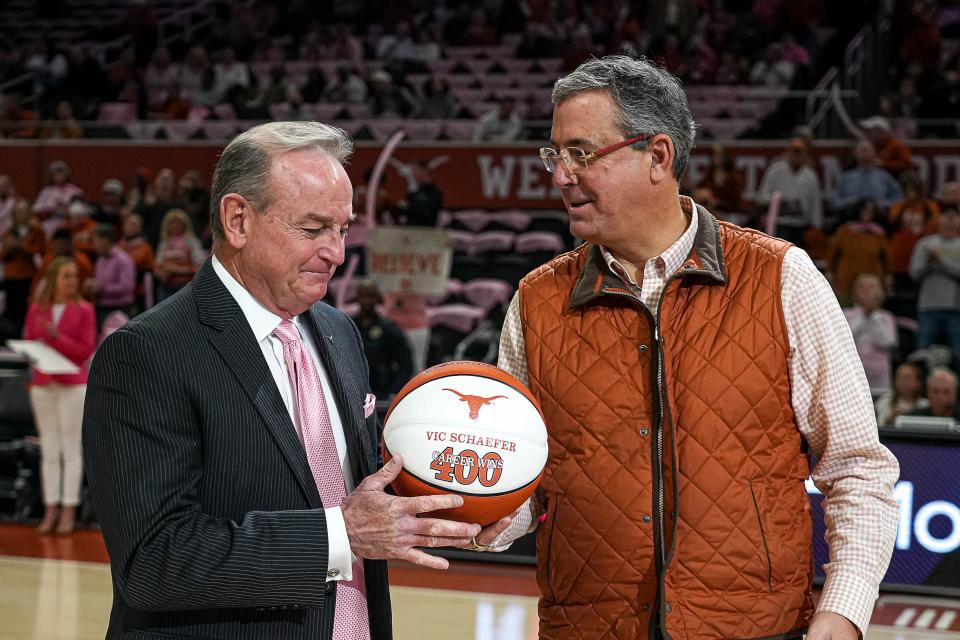 Chris Del Conte, right, already runs UT athletics, which is pretty much the same as running a country. And he loves to campaign. And raise money. As for Longhorns women's basketball coach Vic Schaefer, left, he hopes to be busy for a while in the NCAA Tournament.