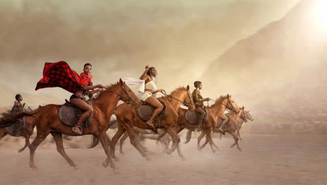 Artwork by Rich Allela and Kureng Dapel depicts female African warriors on horseback.