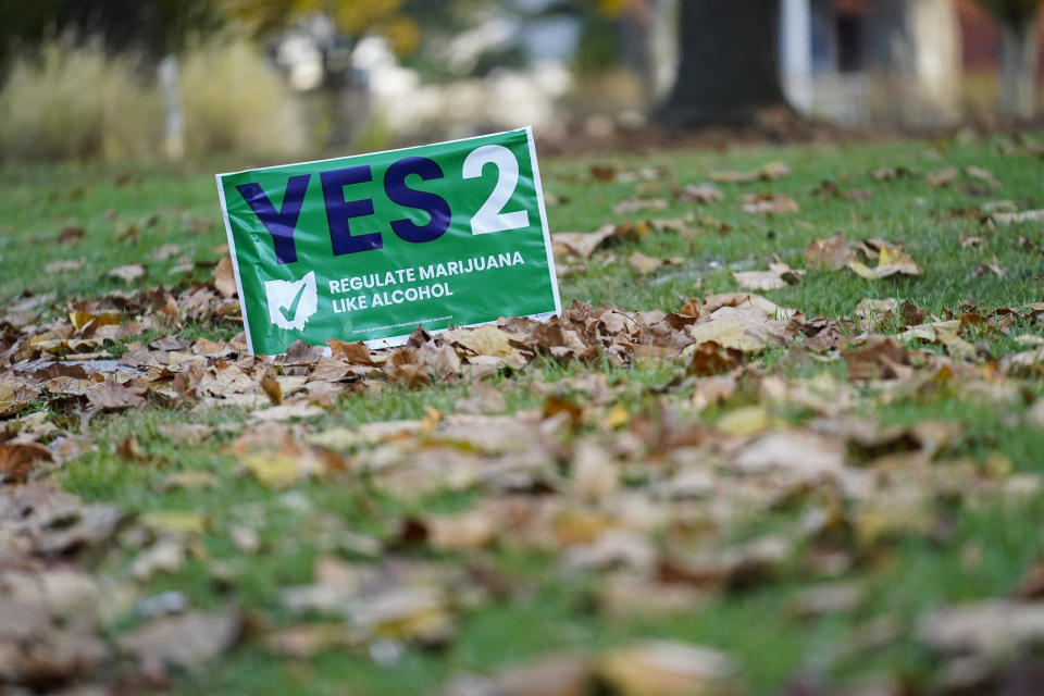 FILE -A sign supporting Issue 2 sits in a residential yard on Election Day, Tuesday, Nov. 7, 2023, in Cincinnati. A new law banning foreign nationals and green card holders from contributing to state ballot campaigns in Ohio curtails the constitutionally protected rights of free speech and association, according to a lawsuit filed Thursday, June 28, 2024 in federal court. (AP Photo/Joshua A. Bickel, File)