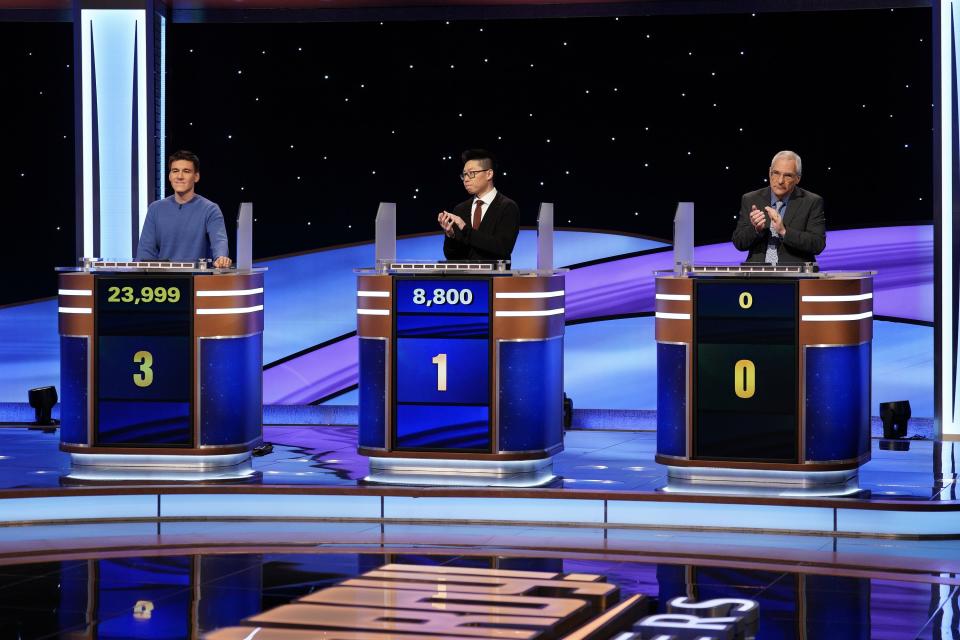 James Holzhauer, Andrew He and Sam Buttrey compete in the “Jeopardy!” Masters tournament. | ABC