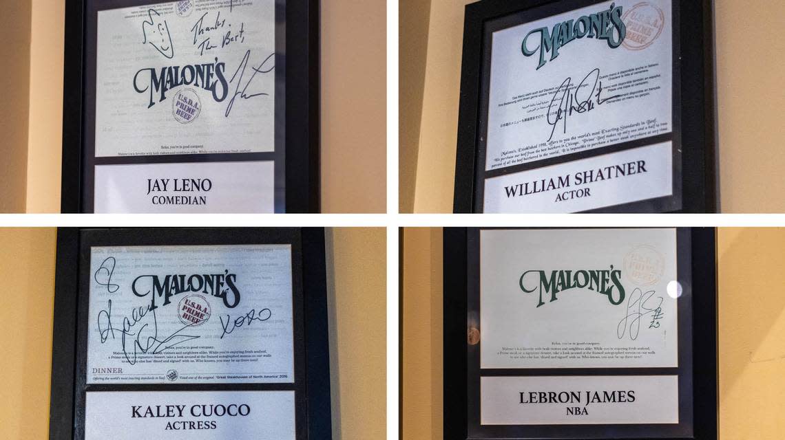 A sampling of some of the notable autographed celebrity menus on the wall at the Lansdowne Malone’s steakhouse.