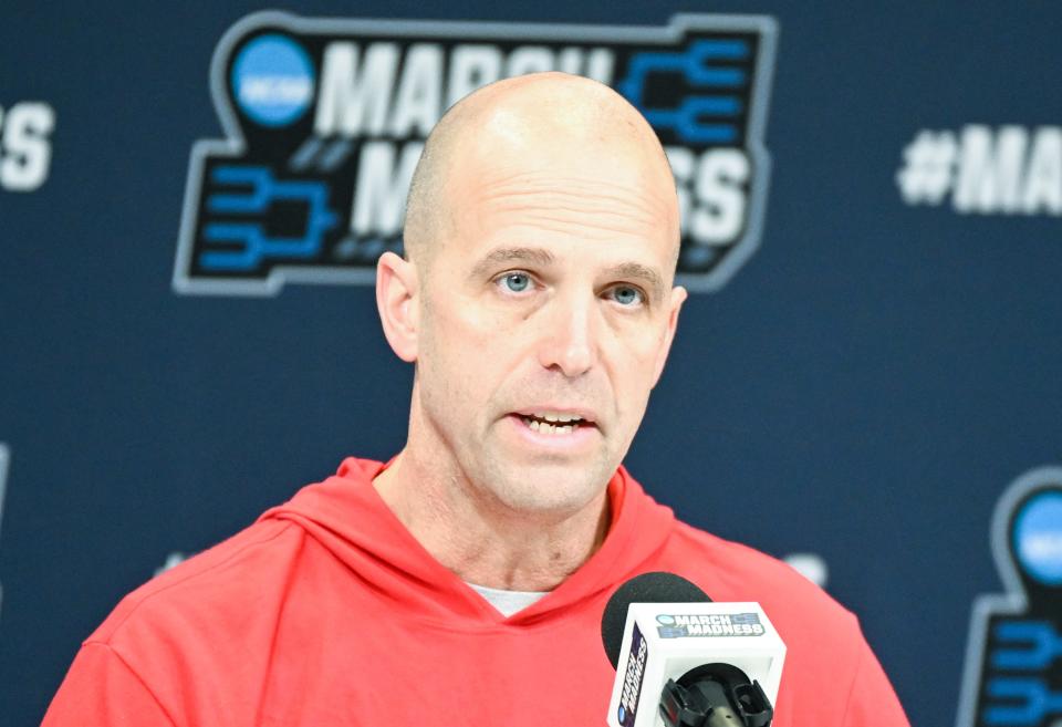 Mar 21, 2024; Indianapolis, IN, USA; Western Kentucky Hilltoppers head coach Steve Lutz speaks to the media during the NCAA tournament practice day at Gainbridge FieldHouse. Mandatory Credit: Robert Goddin-USA TODAY Sports