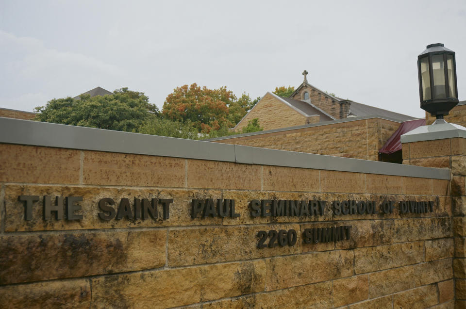The Saint Paul Seminary is seen in St. Paul, Minn., on Friday, Sept. 29, 2023. The seminary has a dedicated psychologist on campus to provide counseling for seminarians as well as ongoing formation for priests. Across the country and denominations, burnout and deteriorating mental health symptoms like anxiety and depression are affecting religious leaders at a worrisome pace. (AP Photo/Giovanna Dell'Orto)