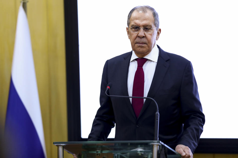 In this handout photo released by Russian Foreign Ministry Press Service, Russian Foreign Minister Sergey Lavrov speaks to the media during his and Pakistani Foreign Minister Shah Mahmood Qureshi joint news conference following their talks in Islamabad, Pakistan, Wednesday, April 7, 2021. (Russian Foreign Ministry Press Service via AP)