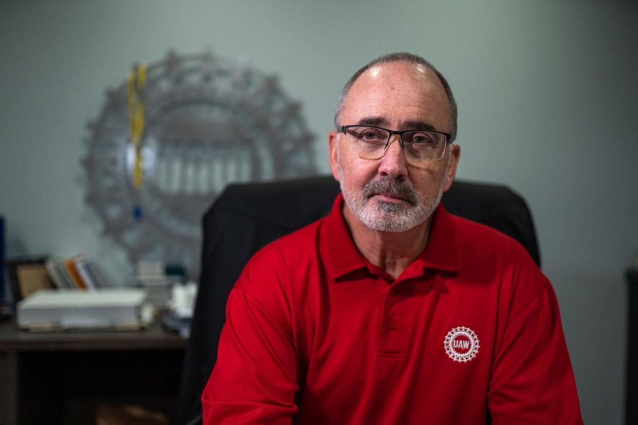UAW President Shawn Fain sits at his office desk for a portrait at the UAW Solidarity House in Detroit on Friday, Dec. 1, 2023.