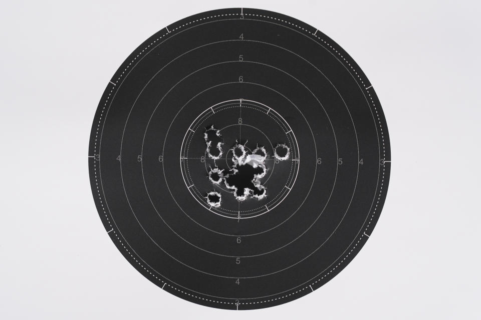 A target is displayed during Biathlon World Cup Team Trials at Soldier Hollow on Oct. 24, 2021, in Midway, Utah. A biathlete skis several kilometers and arrives at the shooting range with a heart rate as high as 180 beats per minute. Next they shoot at five targets within 25 to 35 seconds. (AP Photo/Rick Bowmer)