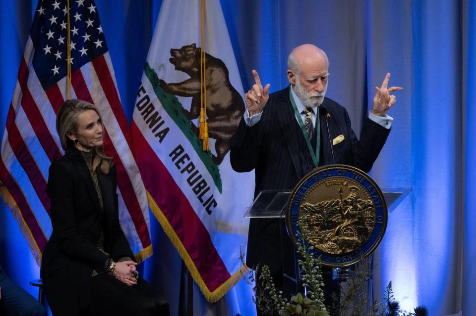 Vinton G. Cerf, a computer scientist known as the father of the internet, speaks after being inducted into the California Hall of Fame on Tuesday, Feb. 6, 2024, at the California Museum in Sacramento. Hector Amezcua/hamezcua@sacbee.com