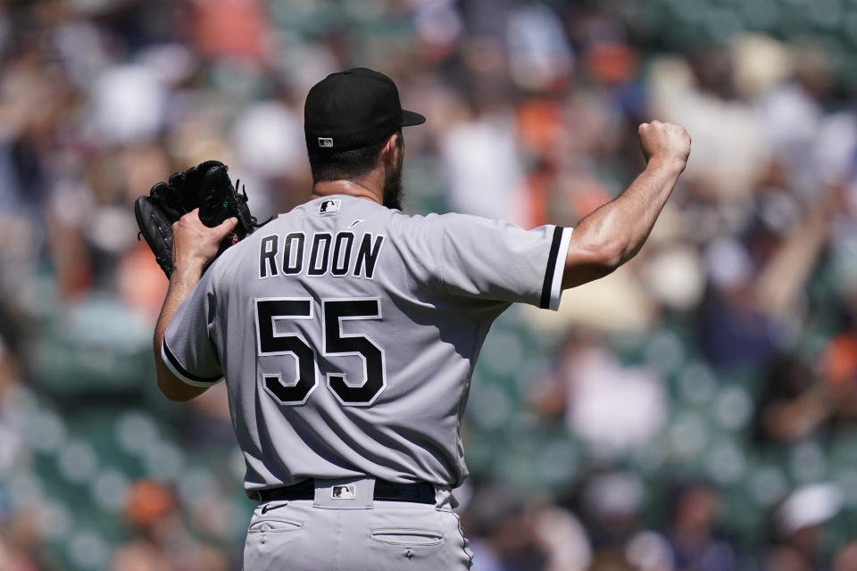 Chicago White Sox starting pitcher Carlos Rodon reacts after giving up a double to Detroit Tigers' Eric Haase during the seventh inning of a baseball game, Sunday, June 13, 2021, in Detroit. (AP Photo/Carlos Osorio)