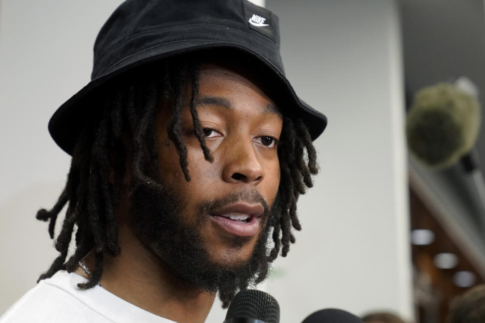 New England Patriots wide receiver Jakobi Meyers takes questions from reporters in the NFL football team's locker room, Monday, Jan. 9, 2023, at Gillette Stadium, in Foxborough, Mass. The Patriots' season ended following their loss to the Buffalo Bills, in Buffalo, Sunday, Jan. 8. (AP Photo/Steven Senne)