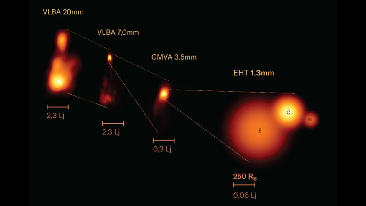  Deep-space image showing four orange blobs — different representations of an outburst from a supermassive black hole. . 