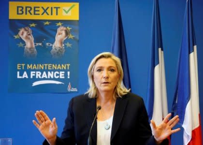 Marine Le Pen, France's far-right National Front political party leader, speaks during a news conference at the FN party headquarters in Nanterre near Paris after Britain's referendum vote to leave the European Union, France, June 24, 2016.  REUTERS/Jacky Naegelen/File Photo