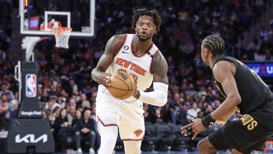 Apr 23, 2023;  New York, New York, USA;  New York Knicks forward Julius Randle (30) looks to make a pass during game four of the 2023 NBA playoffs against the Cleveland Cavaliers at Madison Square Garden.