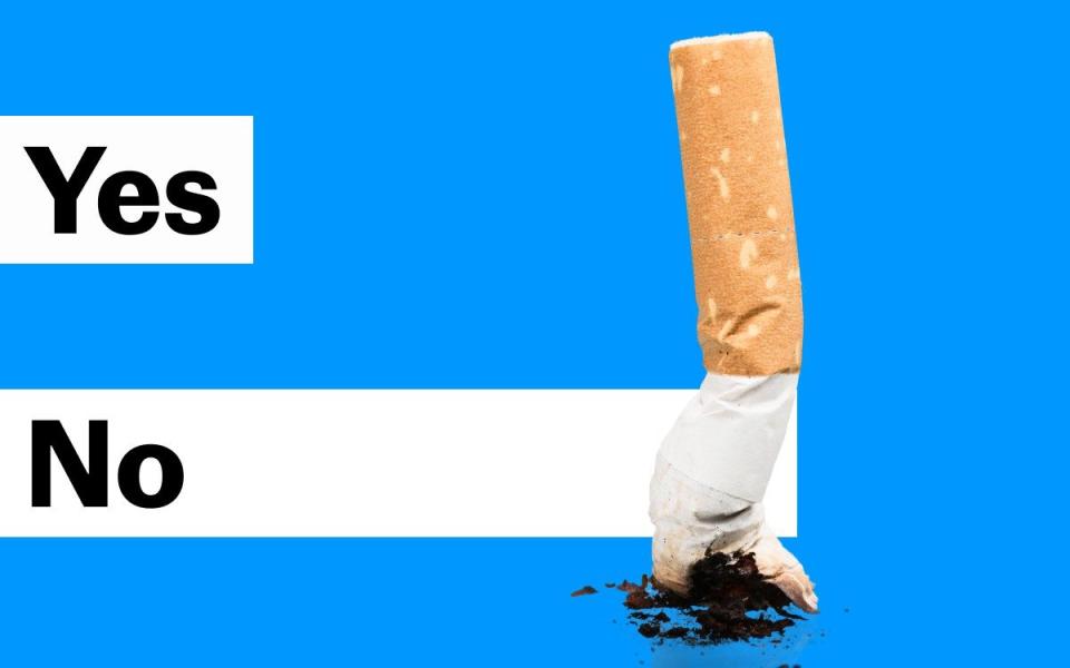 Poll visual with the 'no' vote leading, in front of which is a cigarette stub