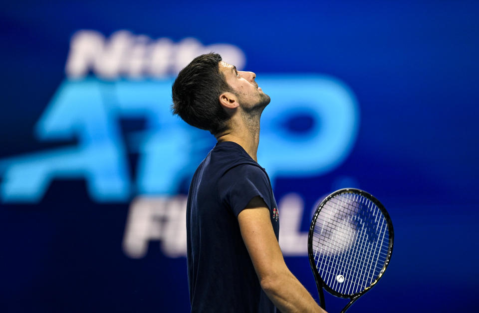 Novak Djokovic practices before the start of of the Nitto ATP World Tour Finals at The O2 Arena on November 14, 2020 in London, England