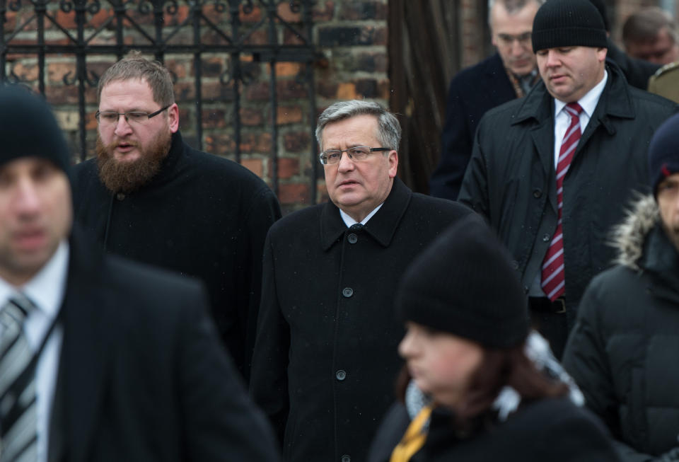 Bronislaw Komorowski departs after visiting the execution wall on January 27, 2015 in Oswiecim, Poland. International heads of state, dignitaries and over 300 Auschwitz survivors are attending the commemorations for the 70th anniversary of the liberation of Auschwitz by Soviet troops on 27th January, 1945. Auschwitz was among the most notorious of the concentration camps run by the Nazis during WWII and whilst it is impossible to put an exact figure on the death toll it is alleged that over a million people lost their lives in the camp, the majority of whom were Jewish.