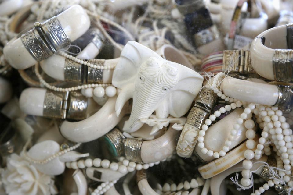 Confiscated ivory jewelry is displayed before the U.S. Fish and Wildlife Service crushed 6 tons of ivory, in Denver, Colorado