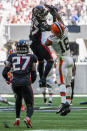 Atlanta Falcons cornerback Dee Alford (37) picks off the ball against Cleveland Browns wide receiver David Bell (18) during the second half of an NFL football game against the Cleveland Browns, Sunday, Oct. 2, 2022, in Atlanta. The Atlanta Falcons won 23-20. (AP Photo/Danny Karnik)