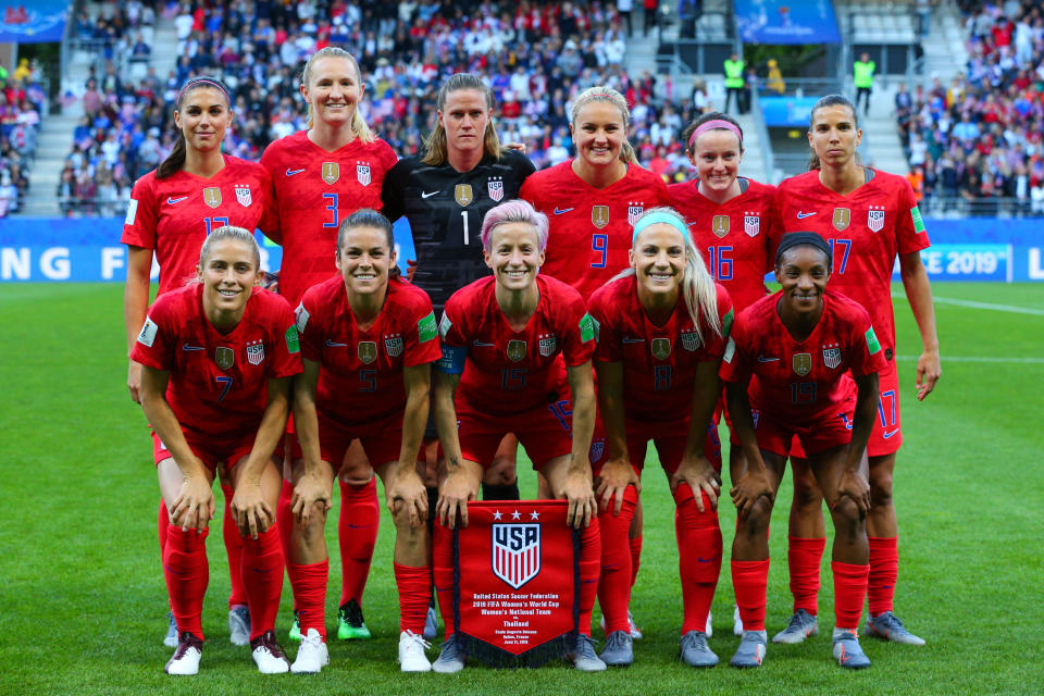 REIMS, FRANCE - JUNE 11: The USA starting line-up pose for a group photo ahead of the 2019 FIFA Women's World Cup France group F match between USA and Thailand at Stade Auguste Delaune on June 11, 2019 in Reims, France. (Photo by Craig Mercer/MB Media/Getty Images)