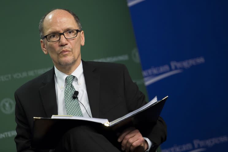 Thomas Perez speaks during a Labor Department panel discussion in Washington, April 6, 2016. (Photo: Drew Angerer/Bloomberg via Getty Images)