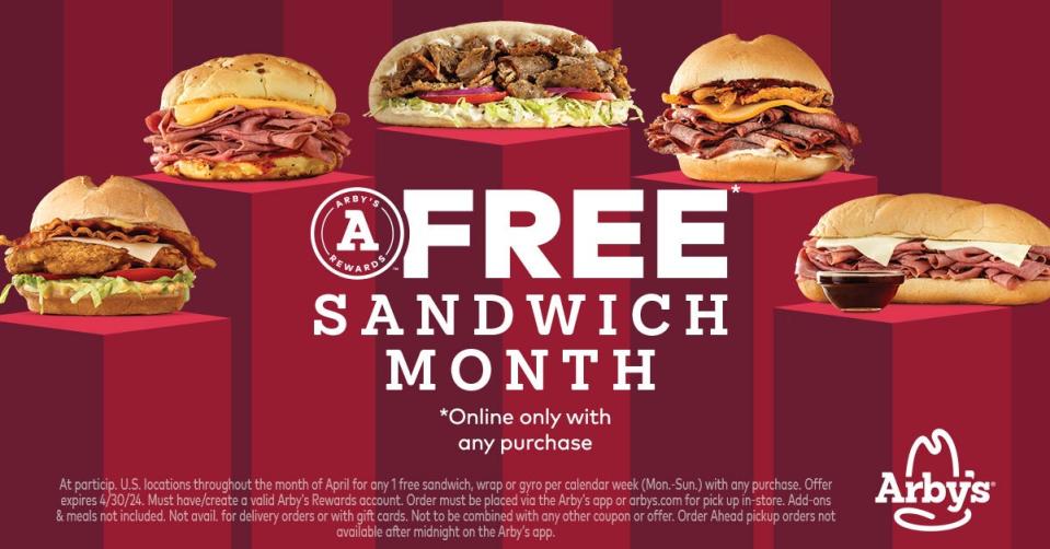 Arby's announced Tuesday it is giving away one free sandwich per week for the entire month of April to Arby's Rewards members in a promotion they are calling Free Sandwich Month.